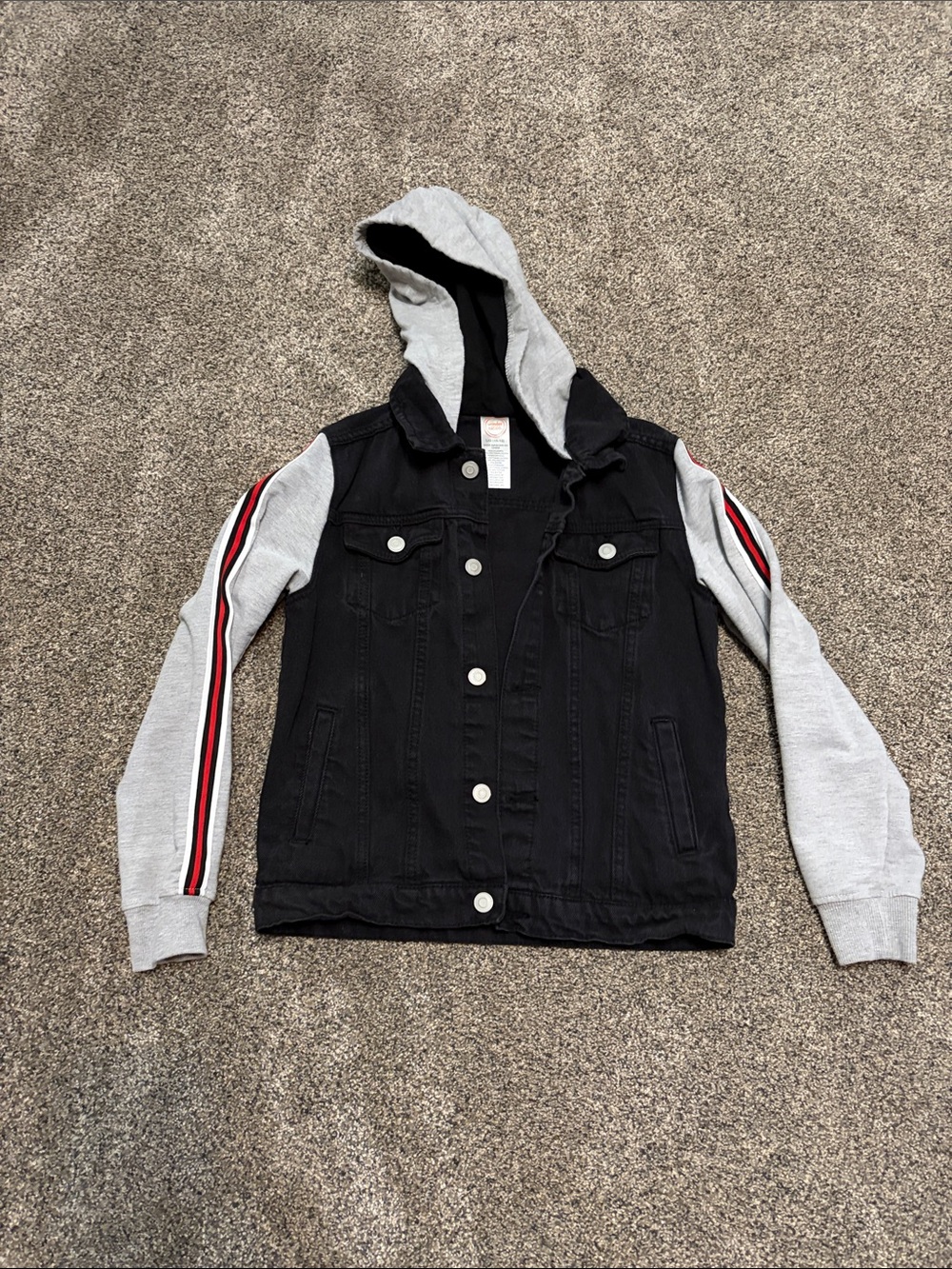Boys wonder nation Black Denim Hooded Jacket Gray Sleeves w/Red Stripe Size L 10